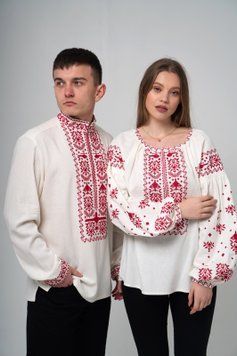 Сімейний комплект вишиванок &laquo;Звитяга&raquo; молочного кольору з червоним 46-42 р. 04401 фото
