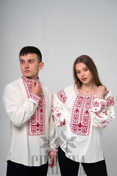 Сімейний комплект вишиванок &laquo;Звитяга&raquo; молочного кольору з червоним 46-42 р. 04401 фото