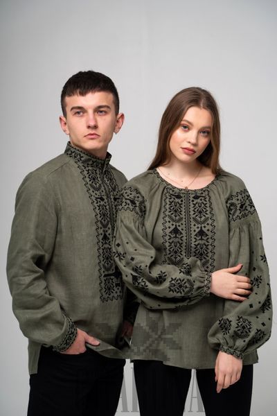 Сімейний комплект вишиванок &laquo;Звитяга&raquo; оливкового кольору 46-42 р. 00813 фото