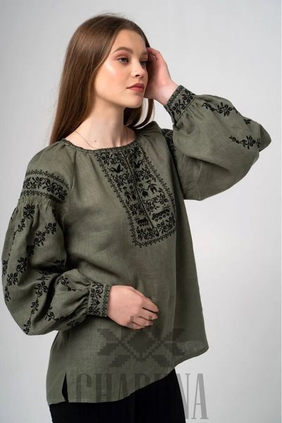 Жіноча вишиванка "Єдність" оливкового кольору 42 р. 01497 фото