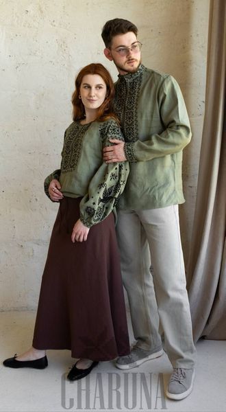 Парний комплект вишиванок &laquo;Тризуб&raquo; оливкового кольору 46-42 р. 04241 фото