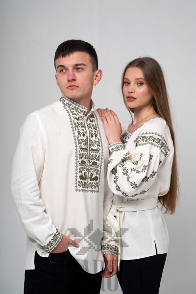 Сімейний комплект вишиванок &laquo;Єдність&raquo; молочного кольору з хакі 46-42р.  04641 фото