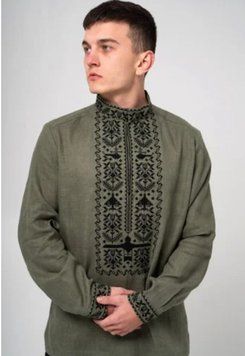 Чоловіча вишиванка &laquo;Звитяга-льон&raquo; оливкового кольору 46 р. 02000 фото